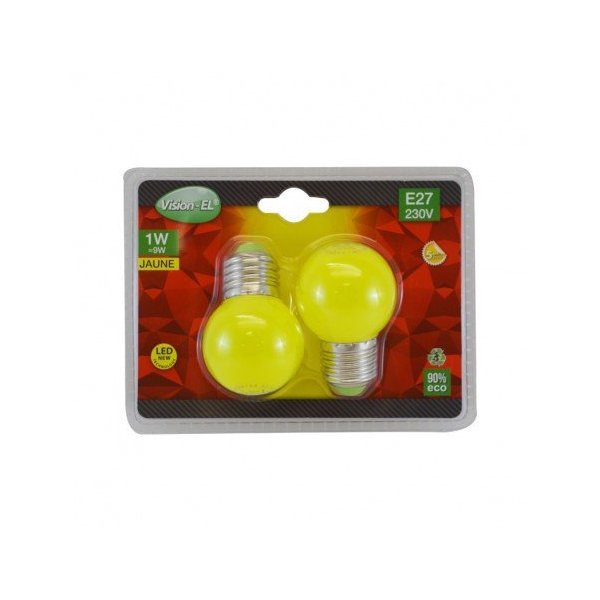 LED 1 WATT G45 BULB E27 JAUNE BLISTER x2