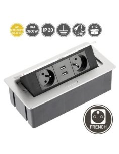 Boîte Extension Bureau Encastrée Rectangle 2 prises 2P+T et 2 prises USB 2