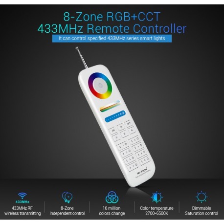 Télécommande RF 433MHz Long Dist. 8 Zones RGB+CCT+Dim