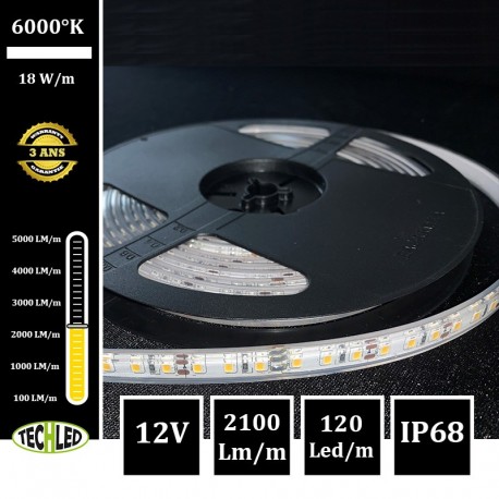 BANDE LED 12V - SMD2835 - 120LEDs/m 18W/m 6000°K 5m IP68