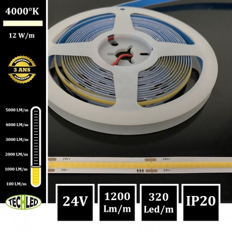 BANDE LED 24V COB 320LEDs/m 12W/m 4000°K 5m IP20