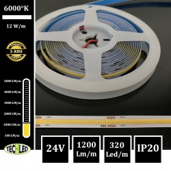 BANDE LED 24V COB 320LEDs/m 12W/m 6000°K 5m IP20