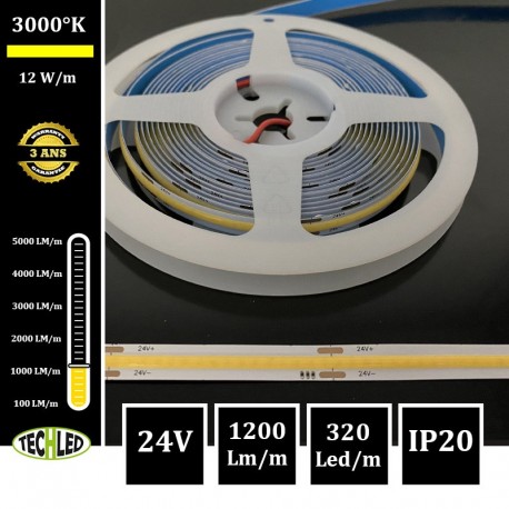 BANDE LED 24V COB 320LEDs/m 12W/m 3000°K 5m IP20