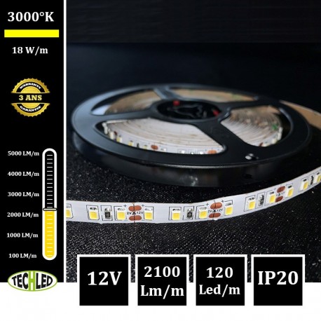 BANDE LED 12V - SMD2835 - 120LEDs/m 18W/m 3000°K 5m IP20