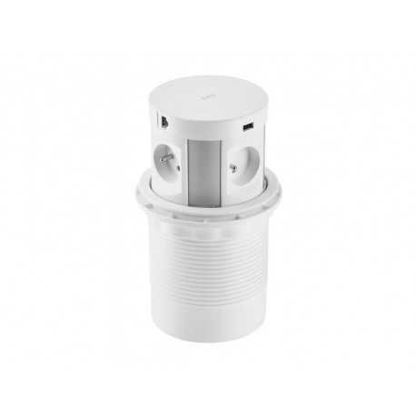 Boîte Extension Bureau Encastrée Rond Ø145 Blanc 4 prises + 2 USB + 2RJ45 + induction 5W