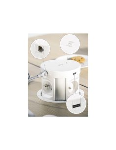 Boîte Extension Bureau Encastrée Rond Ø145 Blanc 4 prises + 2 USB + 2RJ45 + induction 5W 2