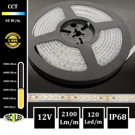 BANDE LED 12V - CCT - SMD2835 - 120LEDs/m 18W/m 2700°K/6500°K 5m IP68