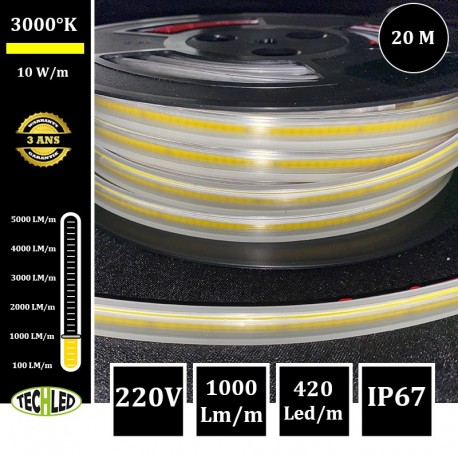 Bobine LED COB 10W/m 420 Leds/m 3000K 220V 20m IP67