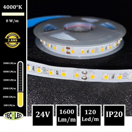 Bande LED 2835 120Led/m 8W/m 10mm 24V IP20 200Lm/W 4000°K