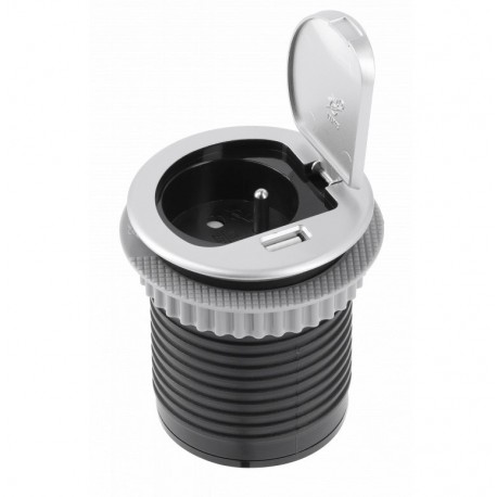 Boîte Extension Bureau Encastrée Rond Silver Ø60 1 prise 2P+T + 1 prise USB 