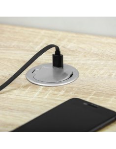 Boîte Extension Bureau Encastrée Rond Silver Ø60 1 prise 2P+T + 1 prise USB 2
