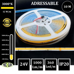 Bande LED COB Adressable 360Led/m 12W/m 10mm 24V IP20 3000°K 10m