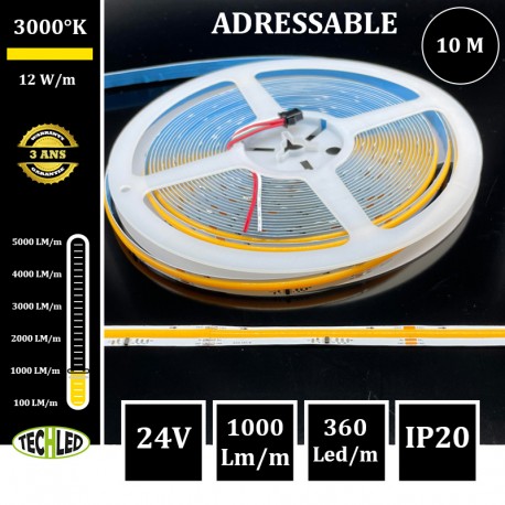 Bande LED COB Adressable 360Led/m 12W/m 10mm 24V IP20 3000°K 10m