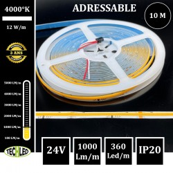 Bande LED COB Adressable 360Led/m 12W/m 10mm 24V IP20 4000°K 10m