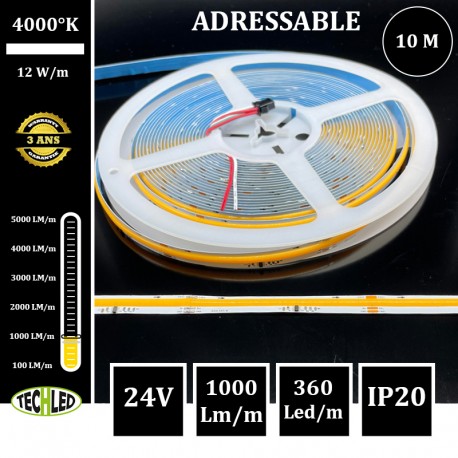 Bande LED COB Adressable 360Led/m 12W/m 10mm 24V IP20 4000°K 10m