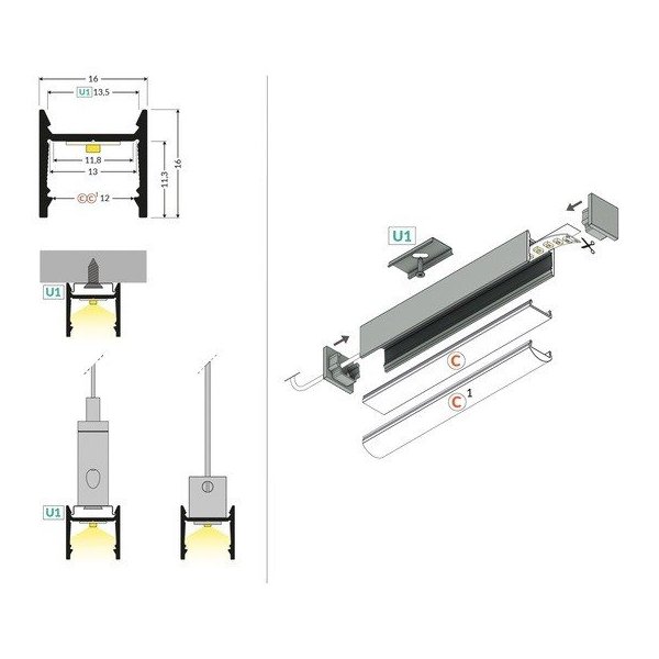 Profile LED Compact12 Alu Anodisé 2000mm
