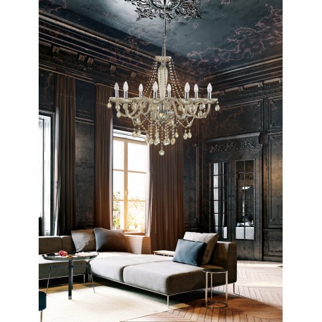 Chandelier Cognac Glass & K9 Crystals Chrome Frame E14 8x40 Watt 
