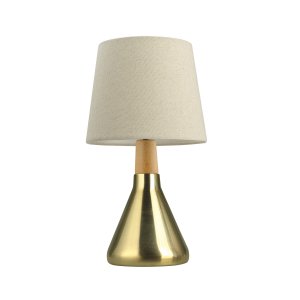 Table Lamp Brass Metal & Natural Wood Sand White Fabric Shade E1 2
