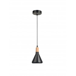 Pendant Light Matt Black Metal & Natural Wood Black & White Fabr 