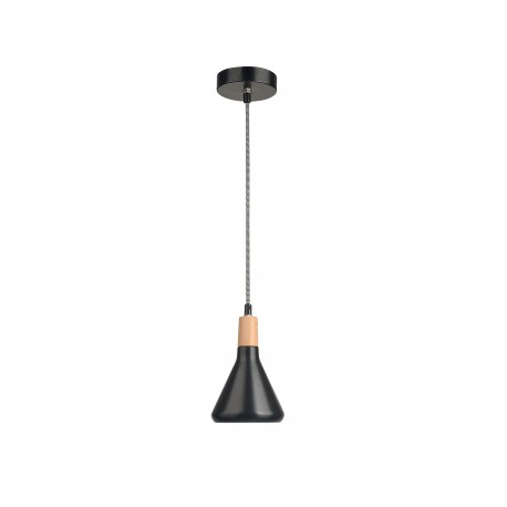 Pendant Light Matt Black Metal & Natural Wood Black & White Fabr 