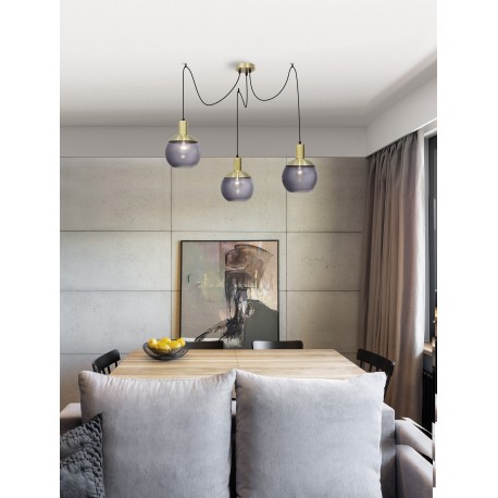Pandant Gray GlassBrass MetalBlack PVC WireE27 3x40 