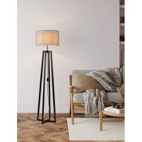 Gray Linen Shade & Black Wood LED E27 1x12 Watt 100-240 Volt IP20 Bulb Excluded Cable Length 180 cm D: 46 H: 165 cm 