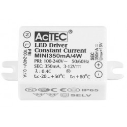 Driver 4W ACTEC MINI IP65 Input: 100-240V AC 50/60Hz Output: 3-12 VDC 350mA Not Dimmable 