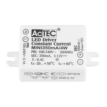 Driver 4W ACTEC MINI IP65 Input: 100-240V AC 50/60Hz Output: 3-12 VDC 350mA Not Dimmable 