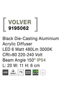 Black Die-Casting Aluminium Acrylic Diffuser LED 7 Watt 719Lm 3000K 220-240 Volt Beam Angle 150O IP54 L: 20 W: 11 H: 6 cm 2