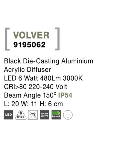 Black Die-Casting Aluminium Acrylic Diffuser LED 7 Watt 719Lm 3000K 220-240 Volt Beam Angle 150O IP54 L: 20 W: 11 H: 6 cm 