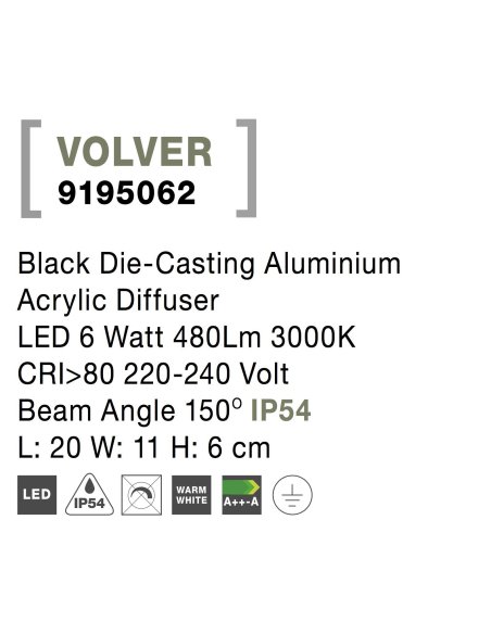 Black Die-Casting Aluminium Acrylic Diffuser LED 7 Watt 719Lm 3000K 220-240 Volt Beam Angle 150O IP54 L: 20 W: 11 H: 6 cm 