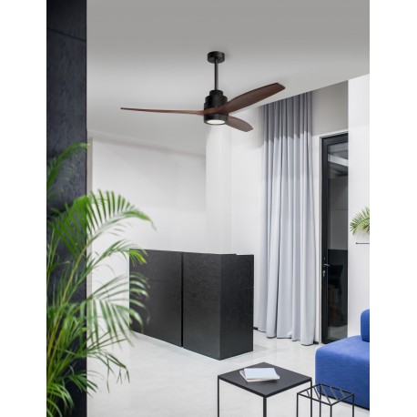 Fan Matt Black Steel & Glass Brown Wood D: 132 H: 35-48 cm 5 Speed Remote, 64cm Blade DC 40W,AC220-240V 4000CFM 200RPM,<30 dB,5.
