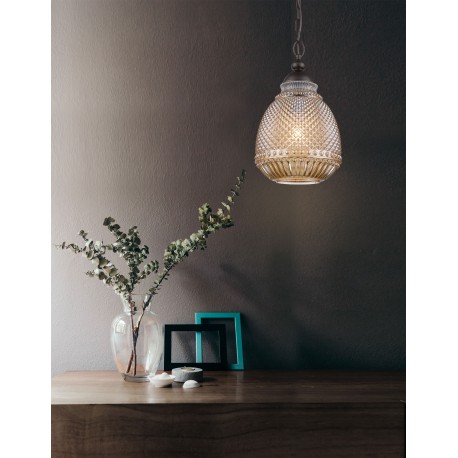 Amber Glass Dark Brown Base & Chain LED E27 1x12 Watt 230 Volt IP20 Bulb Excluded D: 27 H1: 45 H2: 120 cm 