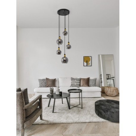 Smoky Glass Black & Gold Metal LED E27 5x12 Watt 230 Volt IP20 Bulb Excluded D: 50 H: 180 cm Adjustable height 