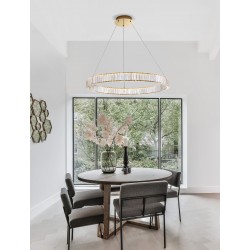 Triac Dimmable Gold Metal & Crystal LED 47W 230 Volt 4895Lm 3500K IP20 Class I D: 80 H: 150 cm Adjustable Height 