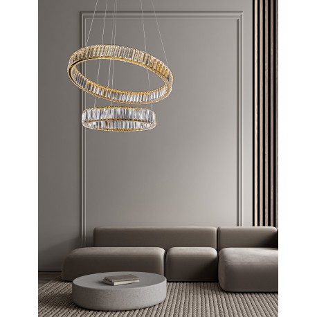 Triac Dimmable Gold Metal & Crystal LED 46W 230 Volt 4328Lm 3500K IP20 Class I D: 60 H: 150 cm Adjustable Height & Rotating 