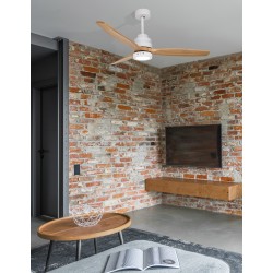 Fan Matt White Steel & Glass Oak Wood D: 132 H: 35-48 cm 5 Speed Remote, 64cm Blade DC 25W,AC220-240V 5000CFM 200RPM,<30 dB,5.8K