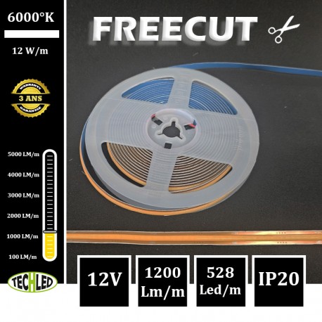 BANDE LED 12V COB FREECUT 528 LEDs/m 12.2W/m 6000°K 5m IP20