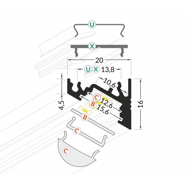 Profile LED Angle 30 / 60 ALU Anodisé 1000mm