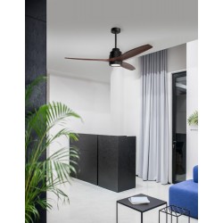 Fan Matt Black Steel & Glass Brown Wood D: 132 H: 35-48 cm 5 Speed Remote, 64cm Blade DC 40W,AC220-240V 4000CFM 200RPM,<30 dB,5.