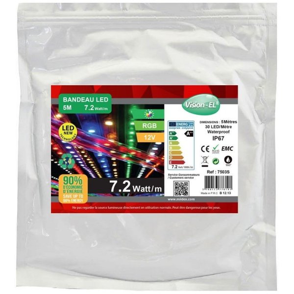 BANDE LED 12V - 30LEDs/m 7.2W/m RGB 5m Silicone IP67