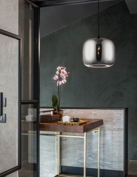 Chrome Glass Black Metal Black Fabric Wire LED E27 1x12 Watt 230 Volt IP20 Bulb Excluded D: 28 H1: 23 H2: 120 cm Adjustable he