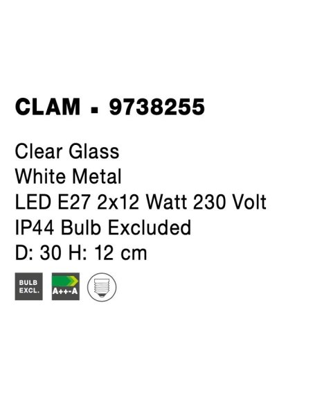 Clear Glass White Metal LED E27 2x12 Watt 230 Volt IP44 Bulb Excluded D: 30 H: 12 cm - PNL9738255 - NOVALUCE